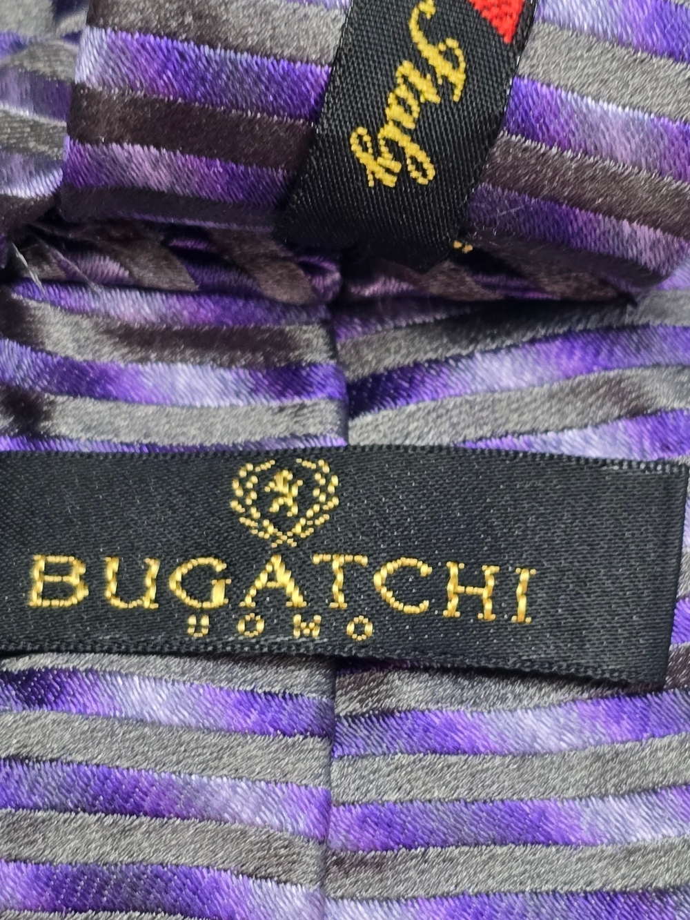 Bugatchi Uomo Silk Tie Purple Gray Stripe Handmade Italy Luxury Designer
